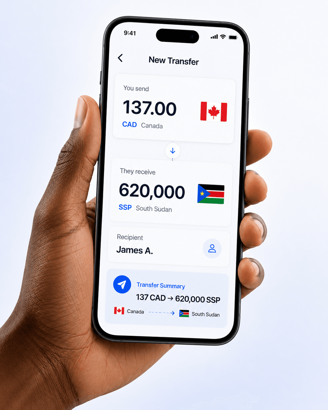 Hand holding iPhone showing NilePay transfer screen